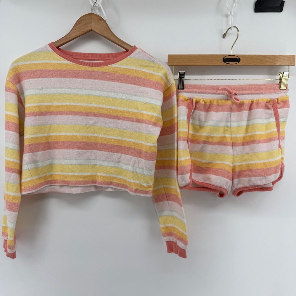 Haute Hippie Style Terry Cloth Lounge Set Striped Crop Top and Shorts Pink XS